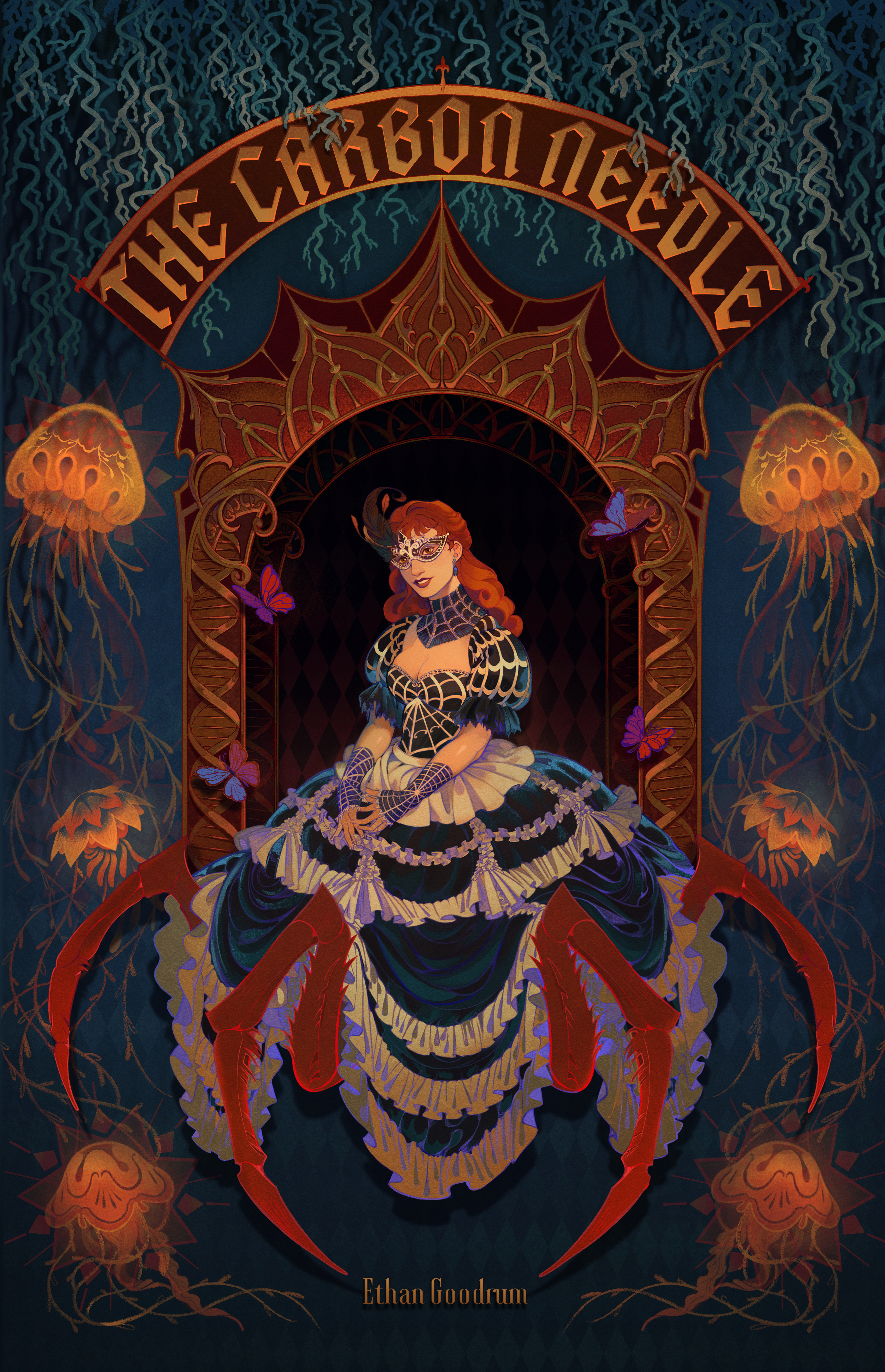A woman in an extravagant dress, surrounded by floating jellyfish. Her lower body is that of a large spider.