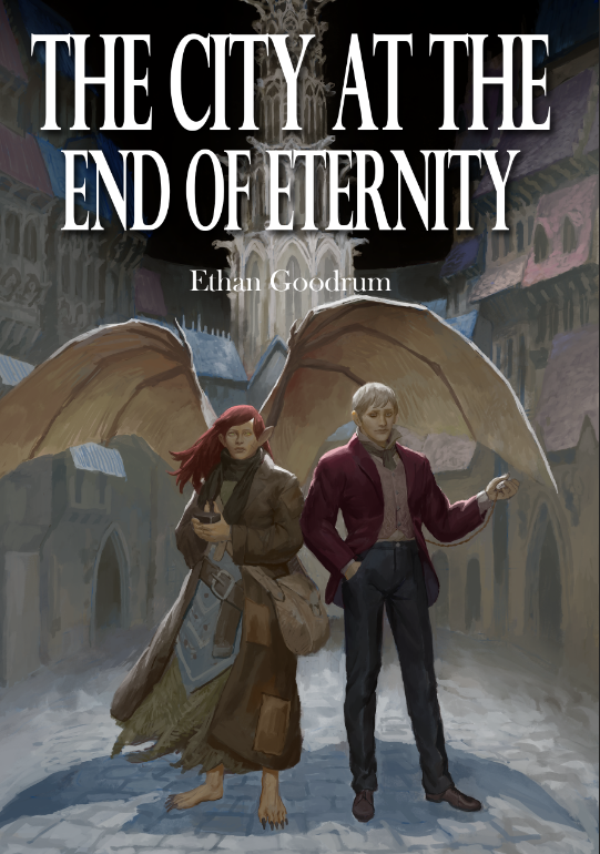 A well dressed man standing next to a woman dressed in rags. The woman has large bat wings which are spread open. They are standing on a cobblestone street and are surrounded by gothic buildings.