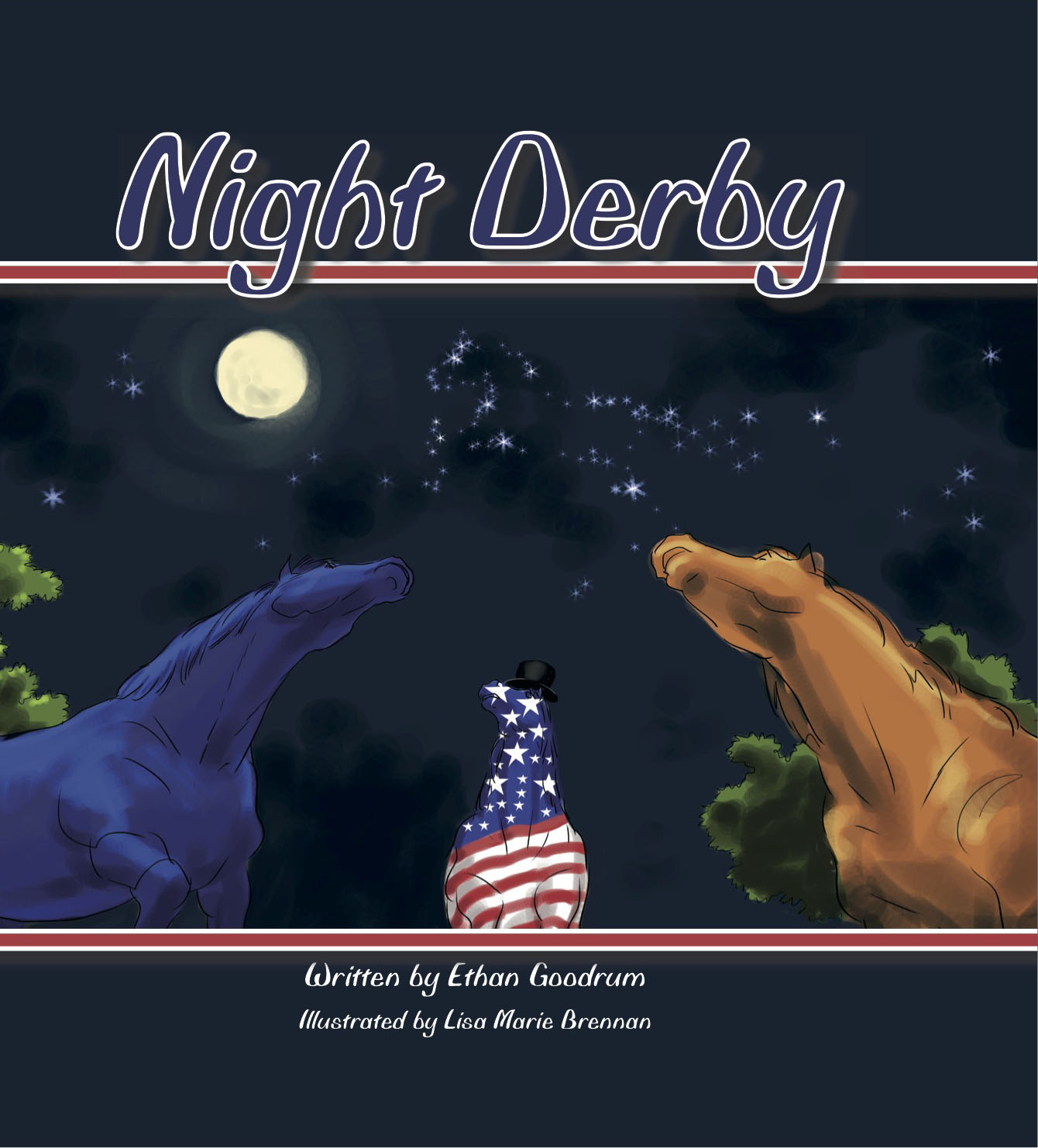 Three horses looking up at the night sky. One is dark blue, another is brown, and the middle horse has the colors of the American flag.